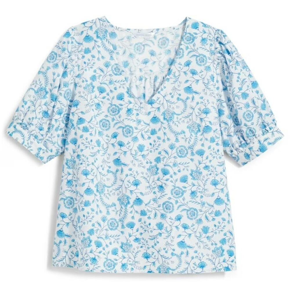 Draper James | Blue Floral Cotton V-Neck Puff Sleeve Short Sleeve Blouse Sz S